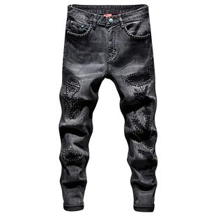 美式潮牌破洞补丁牛仔裤男款高街痞帅补丁修身小脚裤百搭秋冬2025