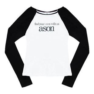 eihey诶嘿字母印花薄款面料拼色插肩袖圆领打底衫上衣长袖T恤女