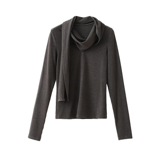 【到手129元】设计感飘带v领仿羊绒长袖T恤修身打底衫内搭上衣女