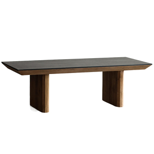 老松木长方形实木餐桌八人位黑色橡木贴皮桌面复古侘寂风原木桌子