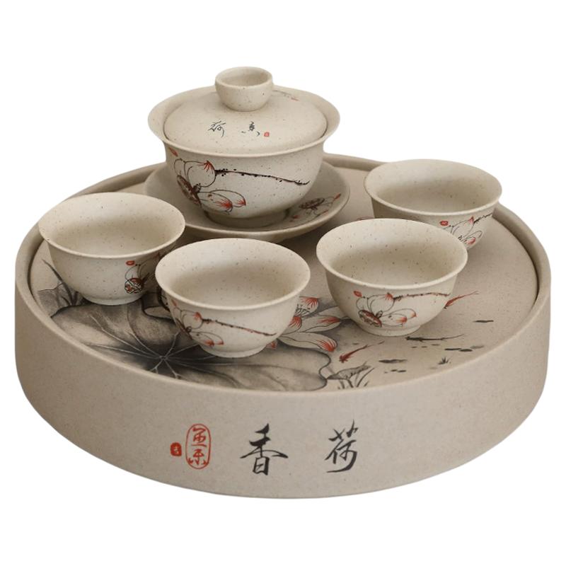 陶土旅行功夫茶具套装小盖碗四杯便携户外家用潮汕工夫茶具小茶盘