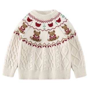 女宝宝小熊毛衣麻花红儿童加厚针织衫女童上衣保暖打底衫冬装新年