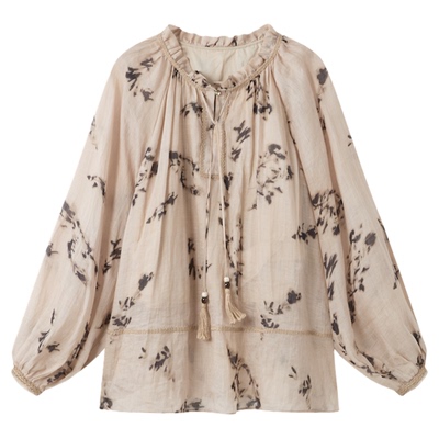 RUISHI芮时“日落花影”100苎麻木耳边度假风衬衫短裤套装女夏