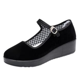 夏季老北京布鞋女款浅口透气圆头黑色坡跟厚底酒店上班工作礼仪鞋