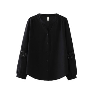 2026新款春装胖妹妹女装拼接V领蕾丝镂空女衬衫中年纯色大码衬衣