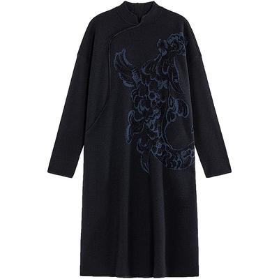 EXCEPTION例外女装冬季连衣裙羊毛立领落肩经典提花大气针织长裙