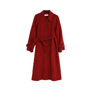 【100%绵羊毛】西町村屋双面呢女装冬翻领腰带长款大衣HD8209027