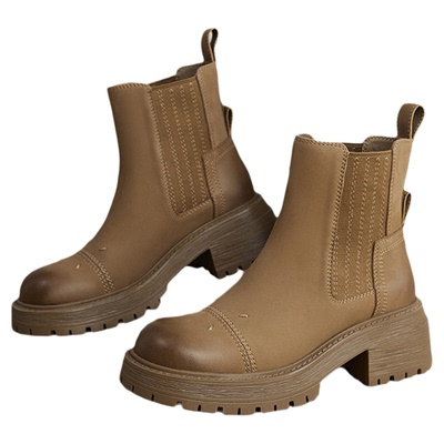 百思图冬季商场新款高跟羊皮靴切尔西烟筒靴马丁靴女短靴U6261DD4