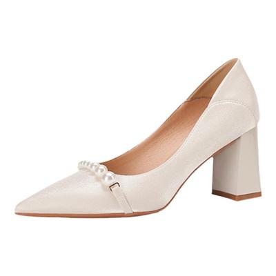 法式绸缎面白色高跟鞋女粗跟婚鞋