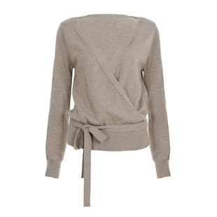 WEEKEEP 纯色简约V领交叉绑带收腰长袖毛衣女百搭修身针织上衣秋