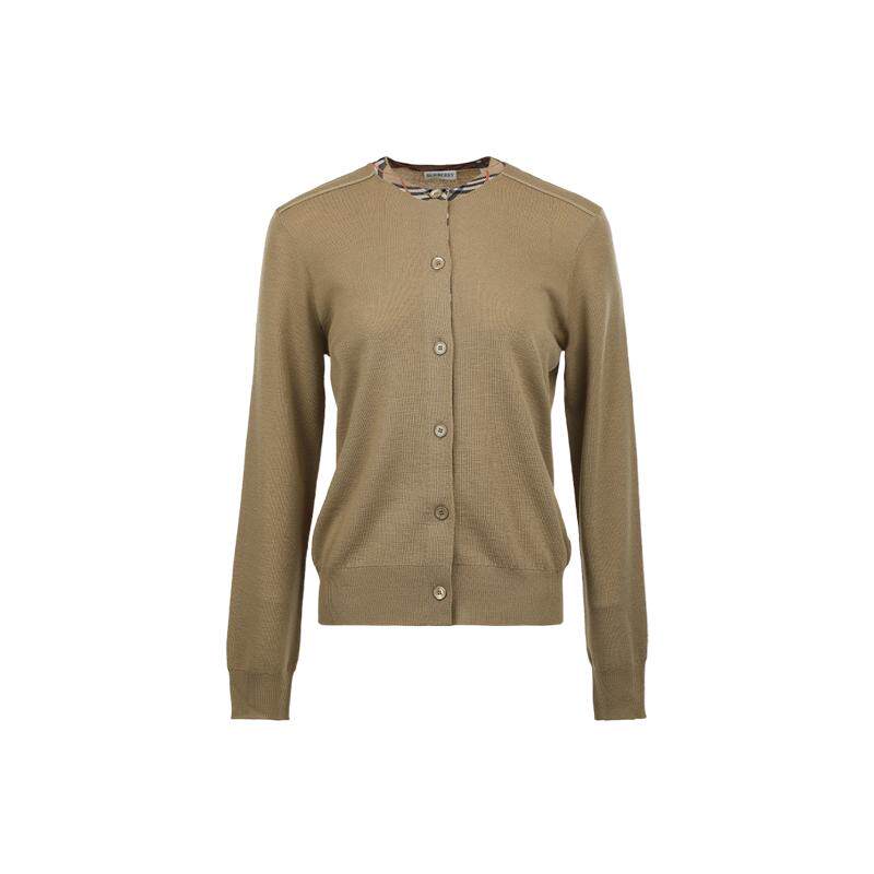【自营】BURBERRY/博柏利纯色格纹饰边圆领女士羊毛针织开衫毛衣