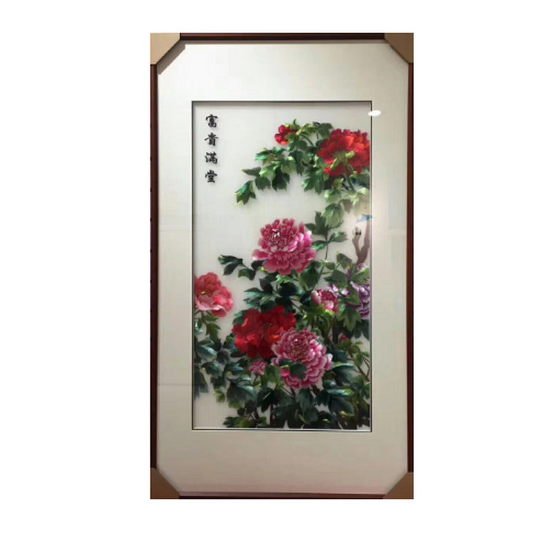 苏州刺绣机绣仿手工透明纱布成品玄关山水牡丹旭日东升鸿运当头