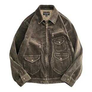 西里布咖色灯芯绒多袋复古工装夹克衫外套咔叽复古拔染做旧非rrl