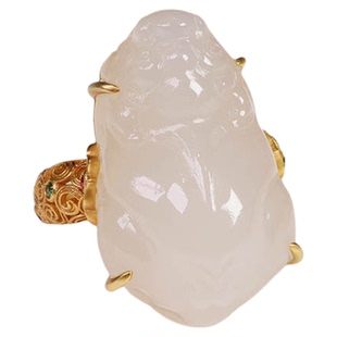 七夕礼物天然和田玉戒指女a货藕粉白玉貔貅镶18k金指环招财送老婆