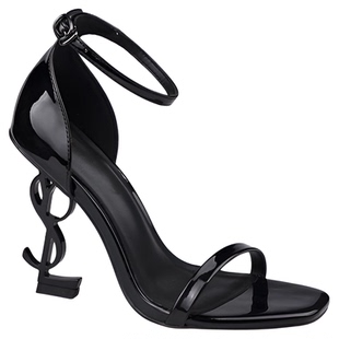 杨树林方头黑色字母高跟鞋女2025性感气质名媛一字带露趾绝美凉鞋