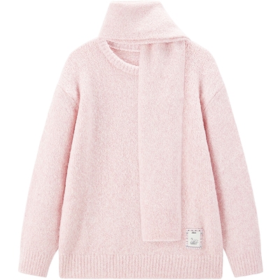 【商场同款】乐町围巾款毛衣女冬季粉色圆领宽松针织衫C1EEF4421