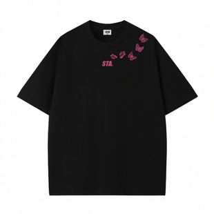 STA美式潮牌蝴蝶印花短袖男女夏季复古高街重磅纯棉宽松情侣t恤
