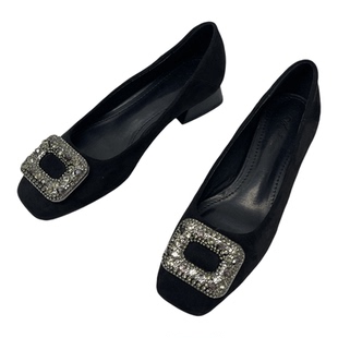 方头高跟鞋女黑色职业加绒3cm软底浅口绒面粗跟工作鞋女大码41