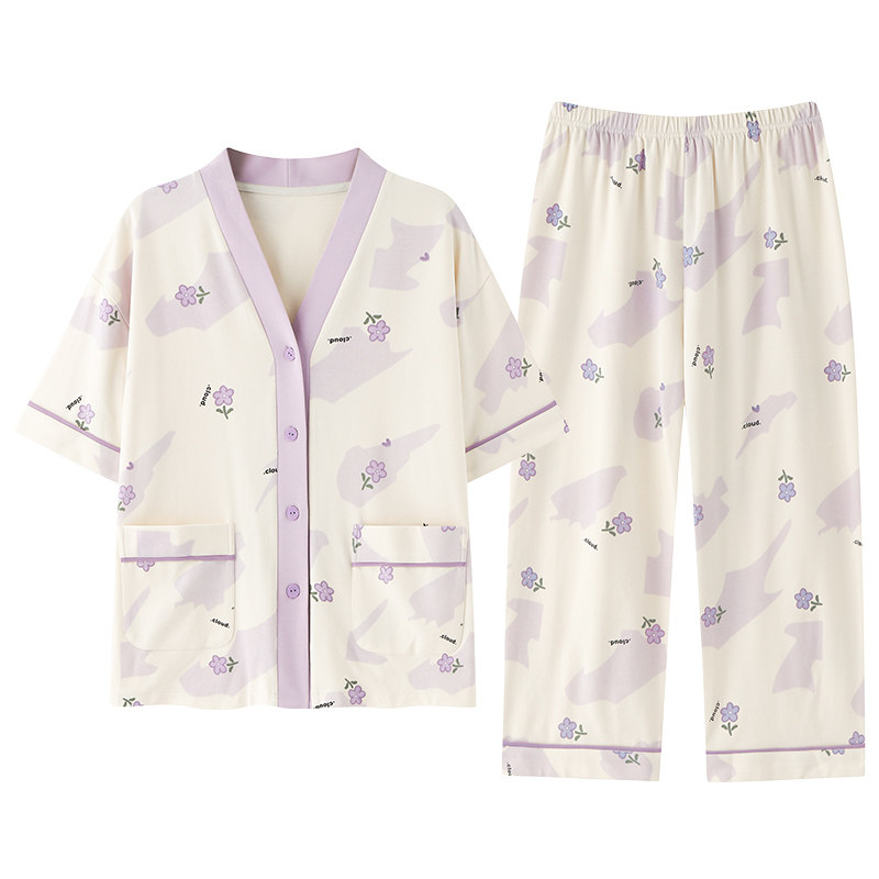 夏季开衫和服睡衣套装自带胸垫