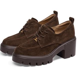 莎莎苏秋冬新款伯德乐福鞋高粗跟厚底小皮鞋巧克力棕色英伦德比鞋