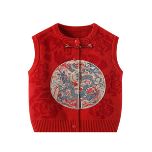 婴儿马甲秋冬男宝宝中国风针织衫小背心冬装男童红色周岁外穿衣服
