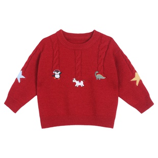 小O爸男婴童 宝宝红色毛衣冬卡通2025新年刺绣套头婴儿保暖拜年服