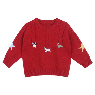 小O爸男婴童 宝宝红色毛衣冬卡通2025新年刺绣套头婴儿保暖拜年服