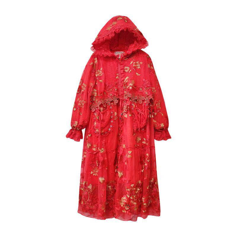 桑蚕丝棉服女小个子收腰假两件中长款复古红高端刺绣保暖棉衣外套