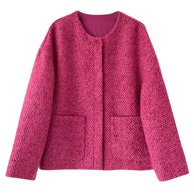 轻奢高级感！火龙果红人字纹编织粗花呢短款圆领小香风宽松外套女