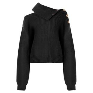 DPLAY德帕拉轻奢气质黑色设计感不对称翻领针织衫红色毛衣女上衣