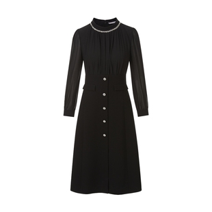 LIME莱茵圆领钉珠重工设计感连衣裙黑色秋新款都市时尚裙子