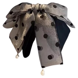 韩版缎面雪纱波点蝴蝶结抓夹女复古珍珠吊坠半扎发鲨鱼夹盘发头饰