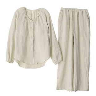 文艺范鸡心领睡衣套装女纯棉纱免文胸开衫收口长袖燕尾家居睡眠服