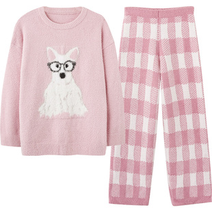 马克公主情侣半边绒睡衣女可爱小狗格子男士加厚冬季家居服可外穿