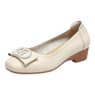 红蜻蜓单鞋女软底皮鞋粗高跟女鞋真皮中老年鞋子舒适不累脚妈妈鞋