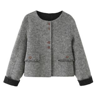 艾格2025秋冬季新款小香风高级设计感短款百搭双面羊毛外套大衣女