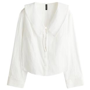 HM女装衬衫娃娃领V领泡泡袖宽松长袖褶皱衬衣上衣1308945