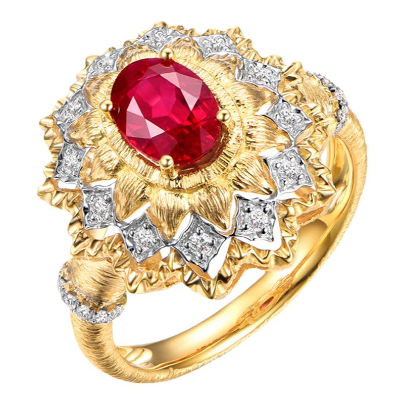 米莱珠宝 1.3克拉鸽血红红宝石戒指 18K金镶嵌 织纹雕金工艺 定制