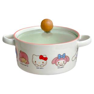 卡卡比  日式创意高颜值卡通圆形带手柄带盖陶瓷泡面碗学生饭碗