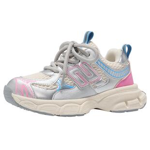 百丽童鞋女童运动鞋女孩粉色网面透气学生跑步鞋轻便软底休闲鞋子