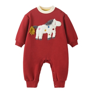 【婴儿拜冬年服】papa爬爬冬婴儿连体衣男女宝加厚红色新年爬服