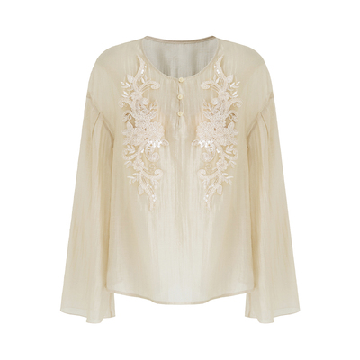 UNSPOKEN法式慵懒复古刺绣圆领衬衫女2026春季新款高级感气质上衣