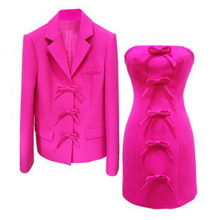 现货2025新款欧美明星时尚荧光粉蝴蝶结抹胸礼服连衣裙西装外套女
