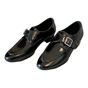 牛皮版~英伦风复古一脚蹬乐福鞋女低跟圆头皮带扣黑色小皮鞋单鞋