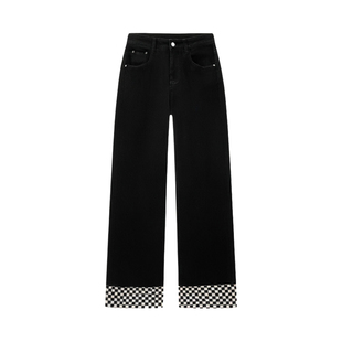 黑色翻边阔腿牛仔裤女秋冬加绒大码胖mm宽松显瘦弹力九分直筒裤子