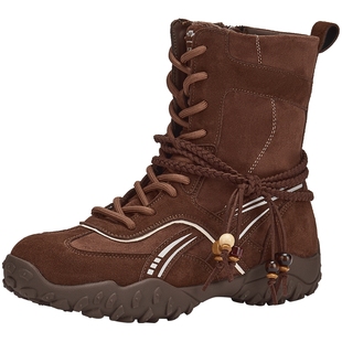 热风加绒拳击靴女款2025年冬季新款复古中筒靴子百搭棕色短靴女鞋