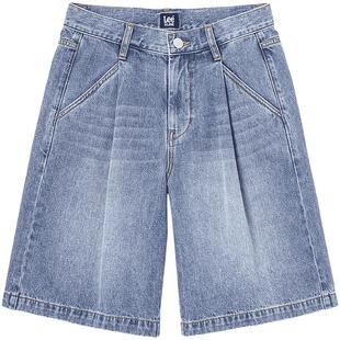 Lee25新品宽松版单褶设计中浅蓝水洗男女同款牛仔短裤潮流A08125