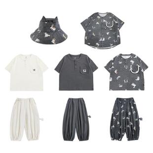 幼悠 男童套装2026夏季新款猫咪短袖衬衫圆领T恤宽松百搭防蚊裤潮