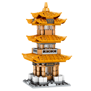 明迪国潮网红打卡城市建筑岳阳楼钟楼黄鹤楼街景小颗粒拼插积木