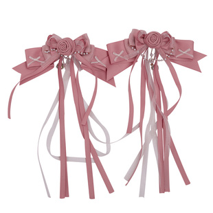 原创lolita汉洋折衷双马尾发夹甜美风玫瑰蝴蝶结对夹飘带珍珠边夹
